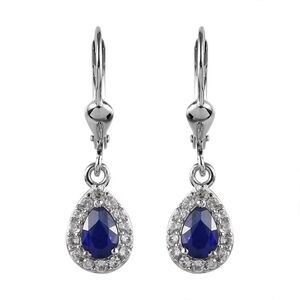 Natural Blue Spinel & White Zircon Halo Dangle Earrings In 925 Sterling Silver